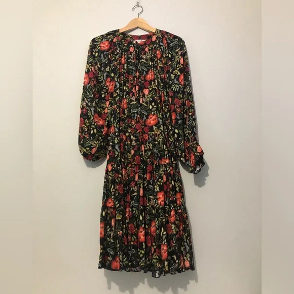 knee length dresses for ladies Red Floral Cottagecore Vintage-Inspired Long Sleeve Hawaiian Dress – L